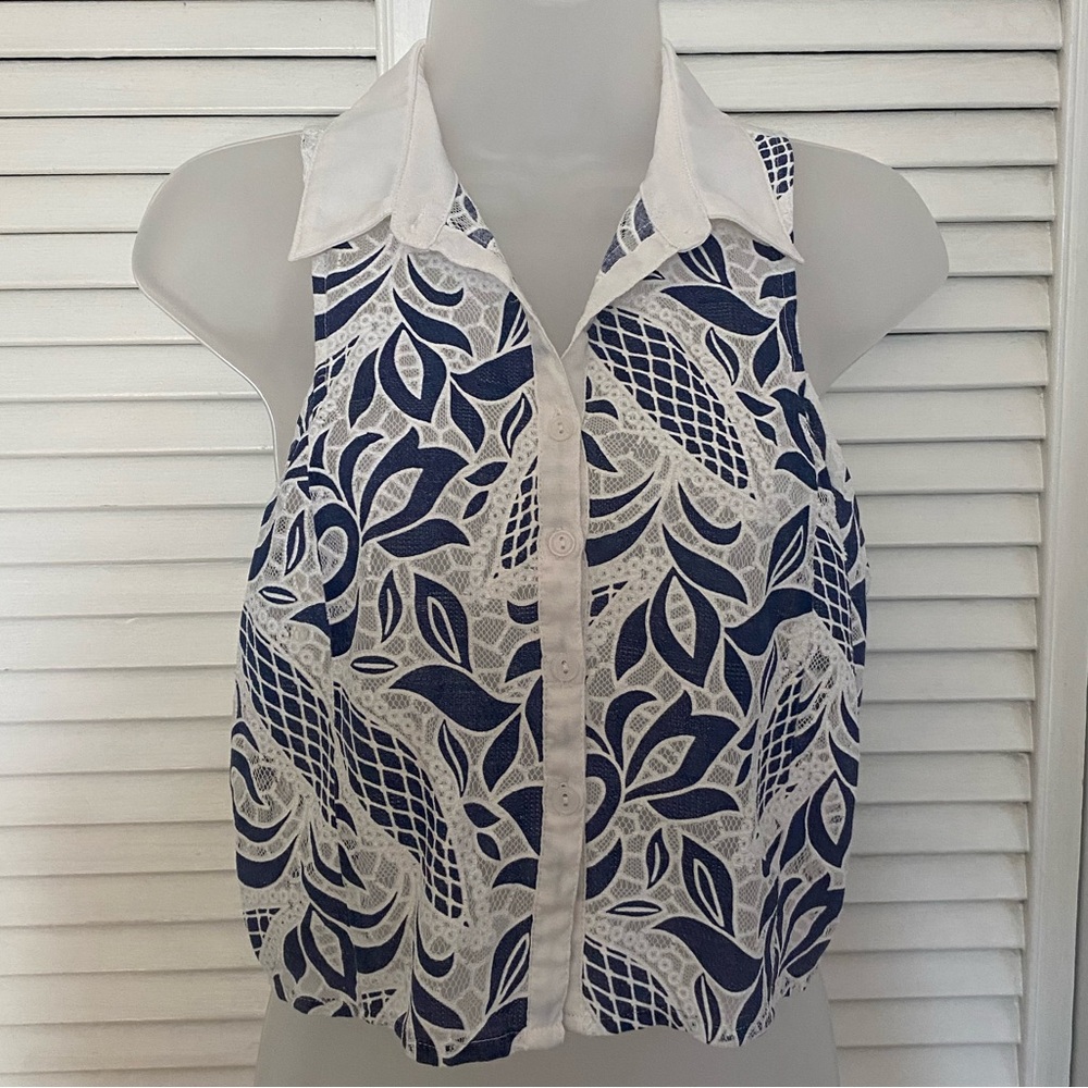 Blue and White  Cut out Sleeveless Blouse